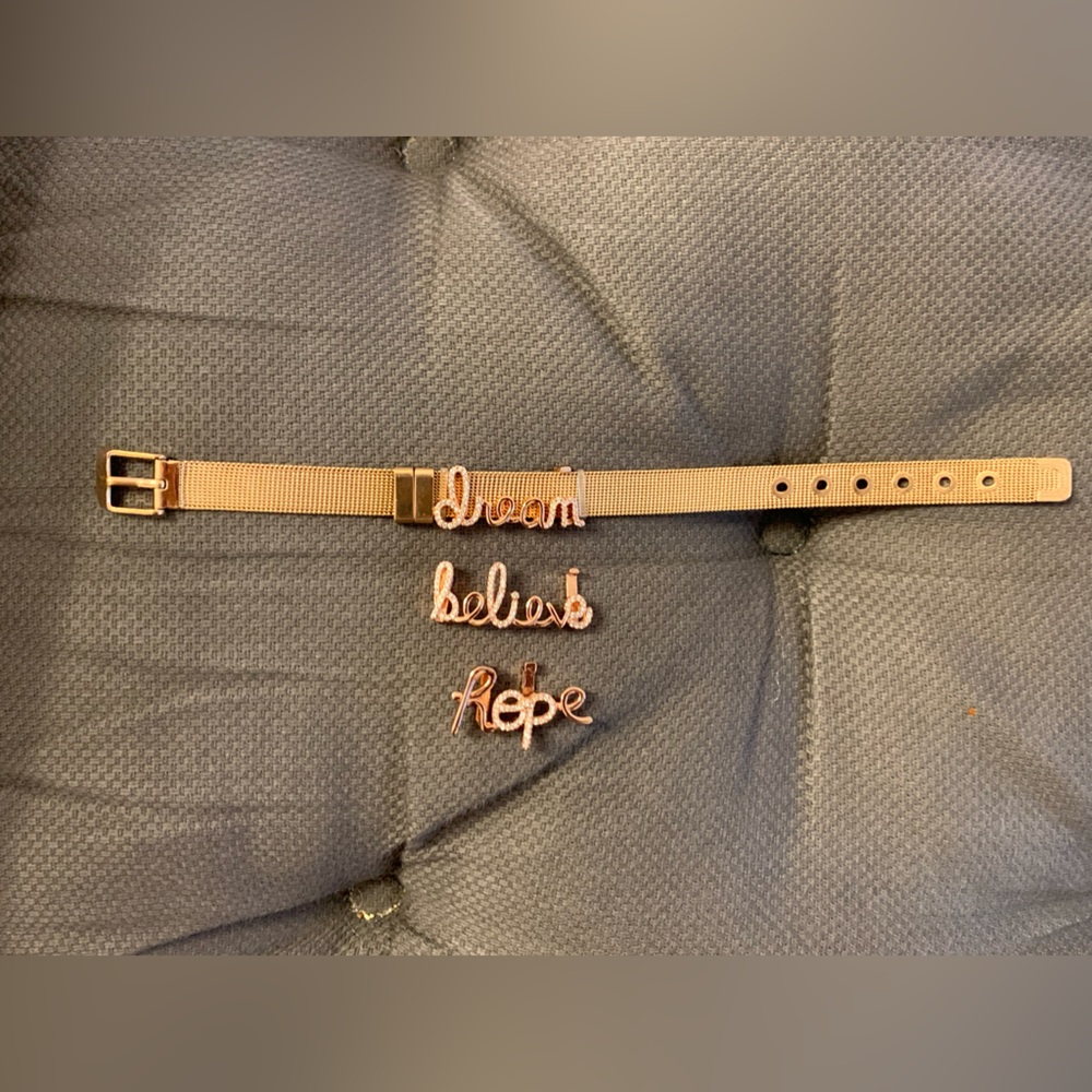 Metal mesh rose gold stainless steel bracelet with 3 interchangeable words—NEW!!